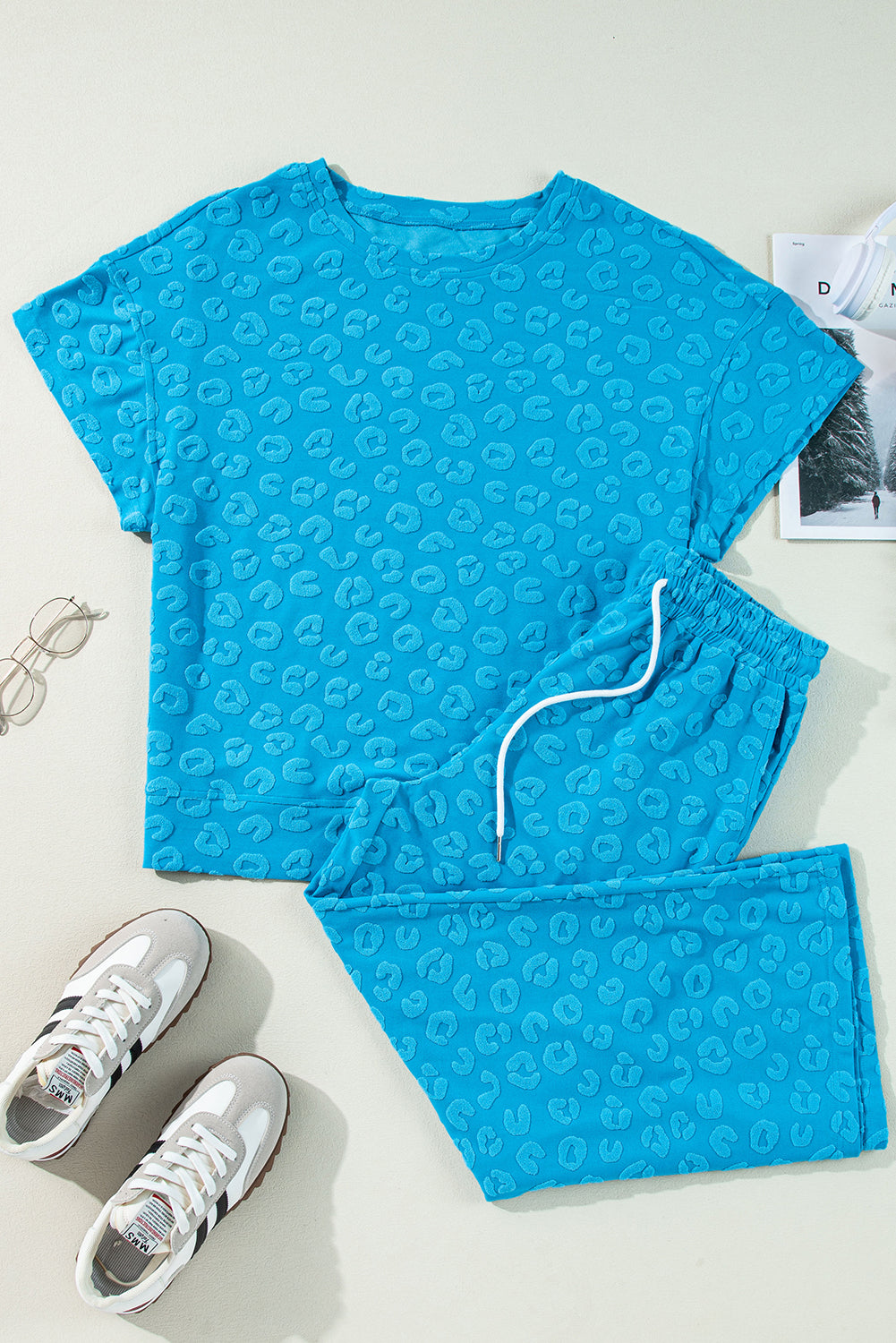 Blue Leopard Jacquard Short Sleeve Top and Wide Leg Trousers Set eAura