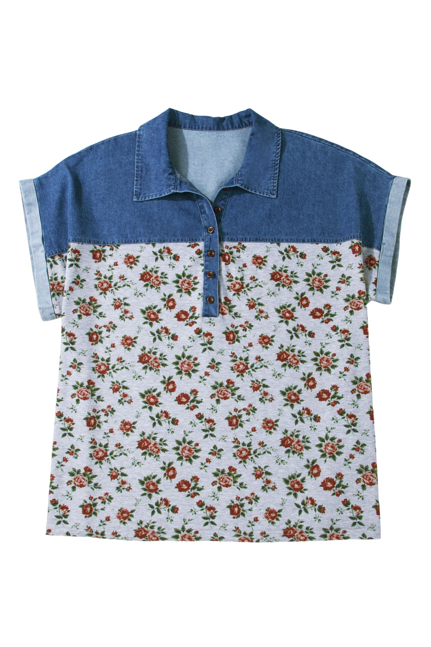 Retro Floral Print Denim Patchwork Plus Size Polo Tee