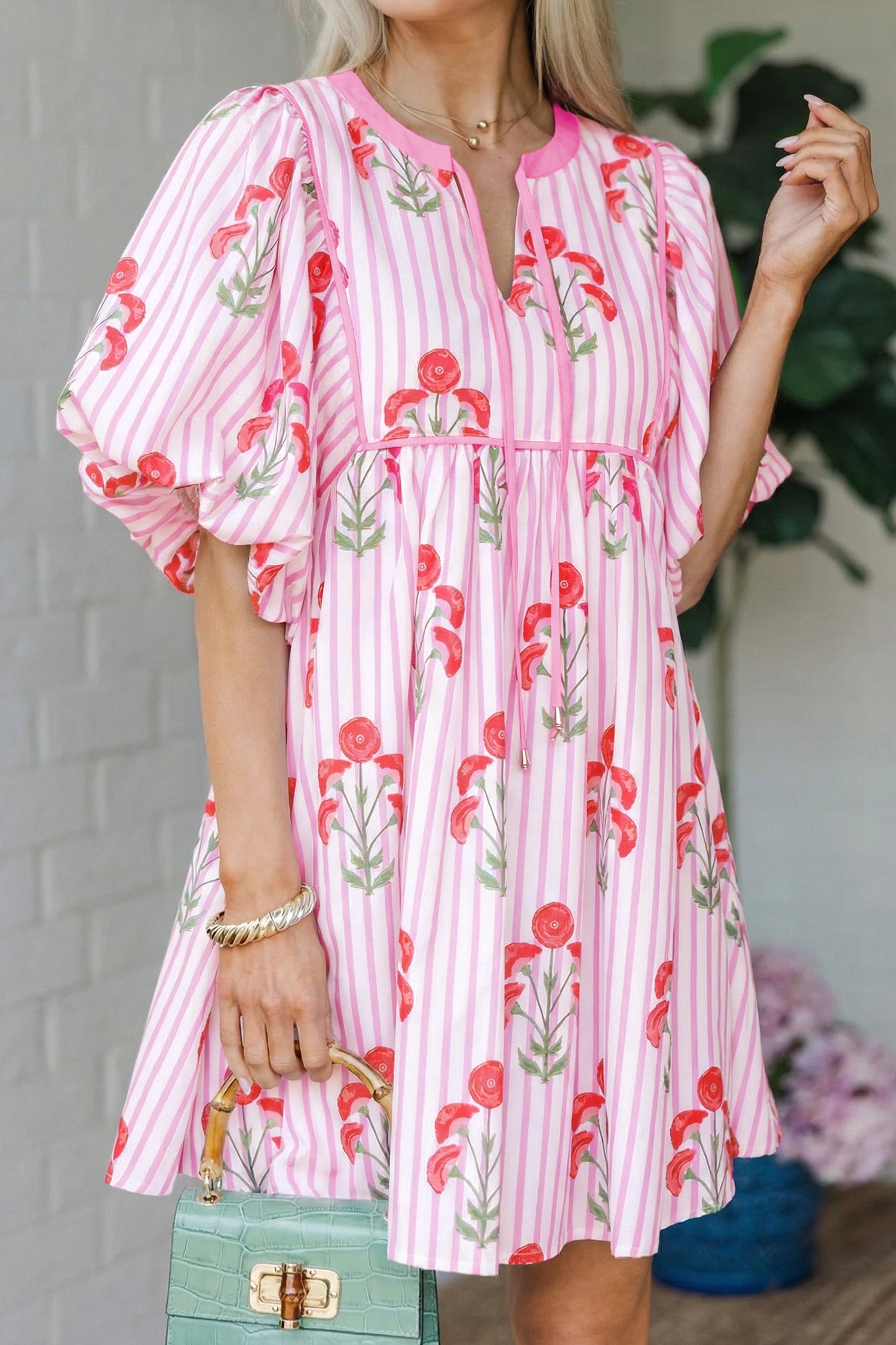 Floral Striped Tie Neck Puff Sleeve Mini Dress – Light Blue & Pink