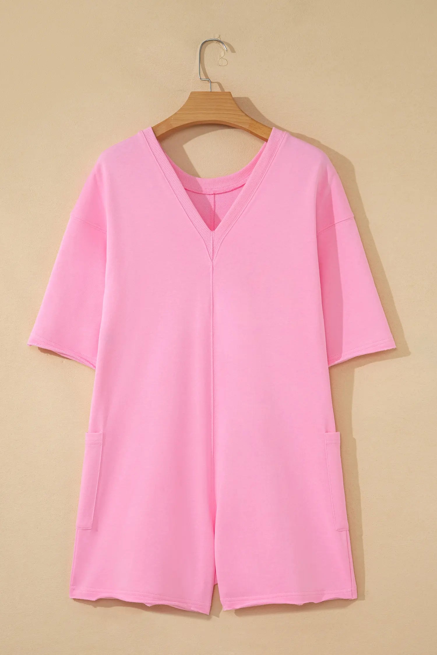 Fiery Red Solid Color Raw Edge Half Sleeve Pocketed Loose Romper