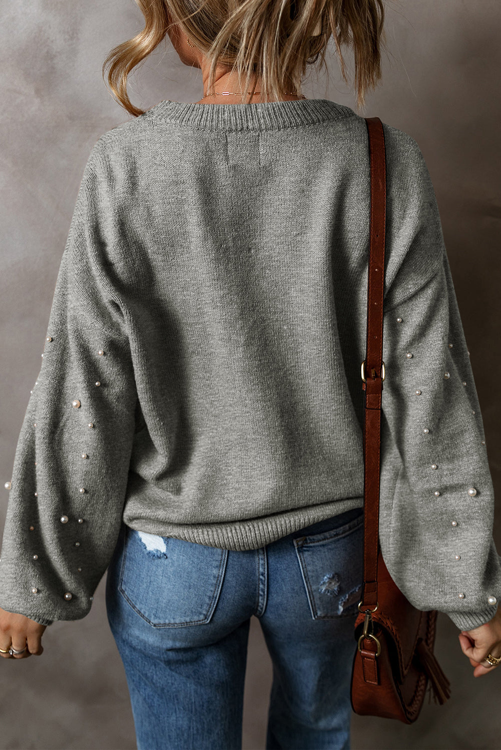 Light Grey Pearled Drop Shoulder Round Neck Sweater eAura