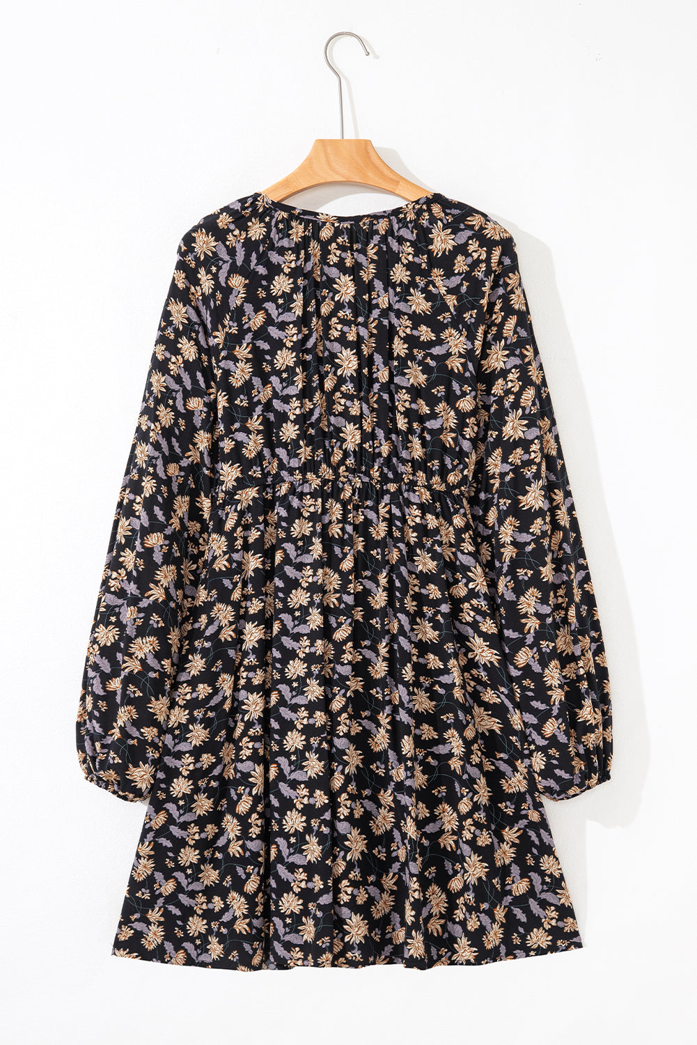 Beige Floral Deep V Neck Smocked Bust Bubble Sleeve Babydoll Dress eAura