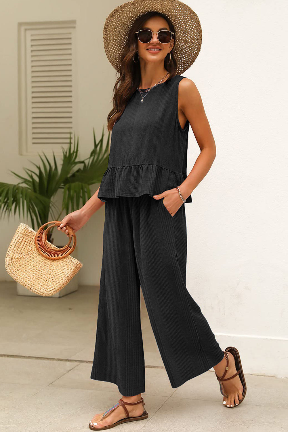 Duffel Green Solid Colour Ribbed Ruffle Tank Top and Trousers Set eAura