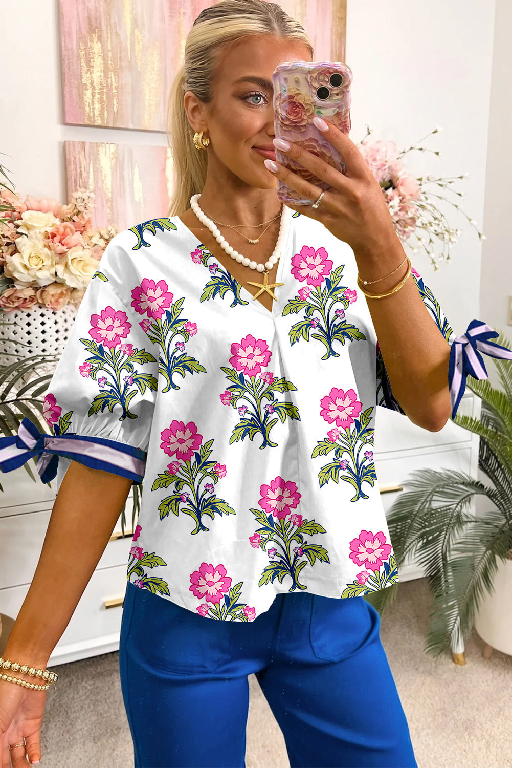 Floral Stripe Knot Bubble Sleeve V Neck Blouse eAura