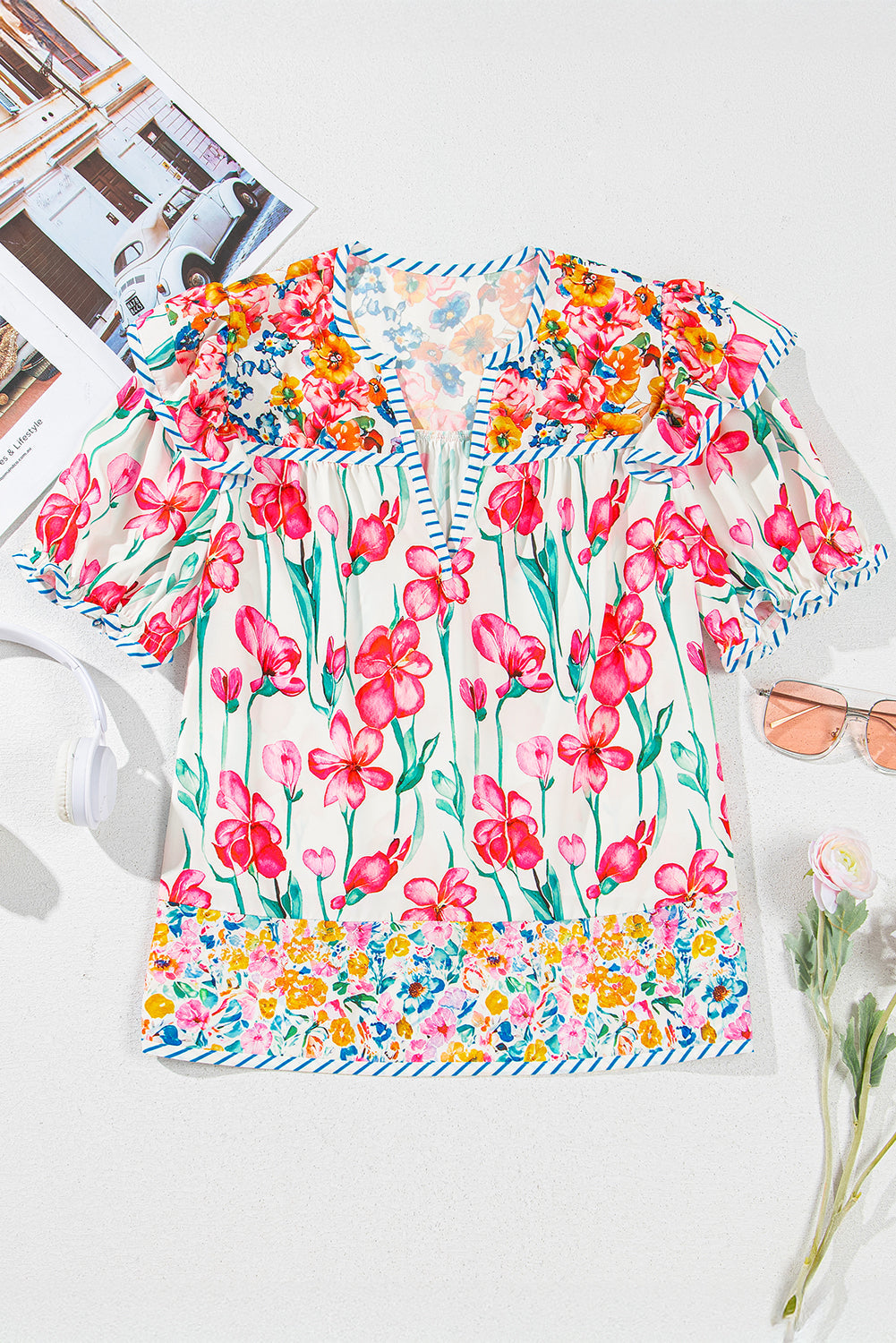 Pink Floral Print Striped Detail Split Neck Short Sleeve Blouse eAura