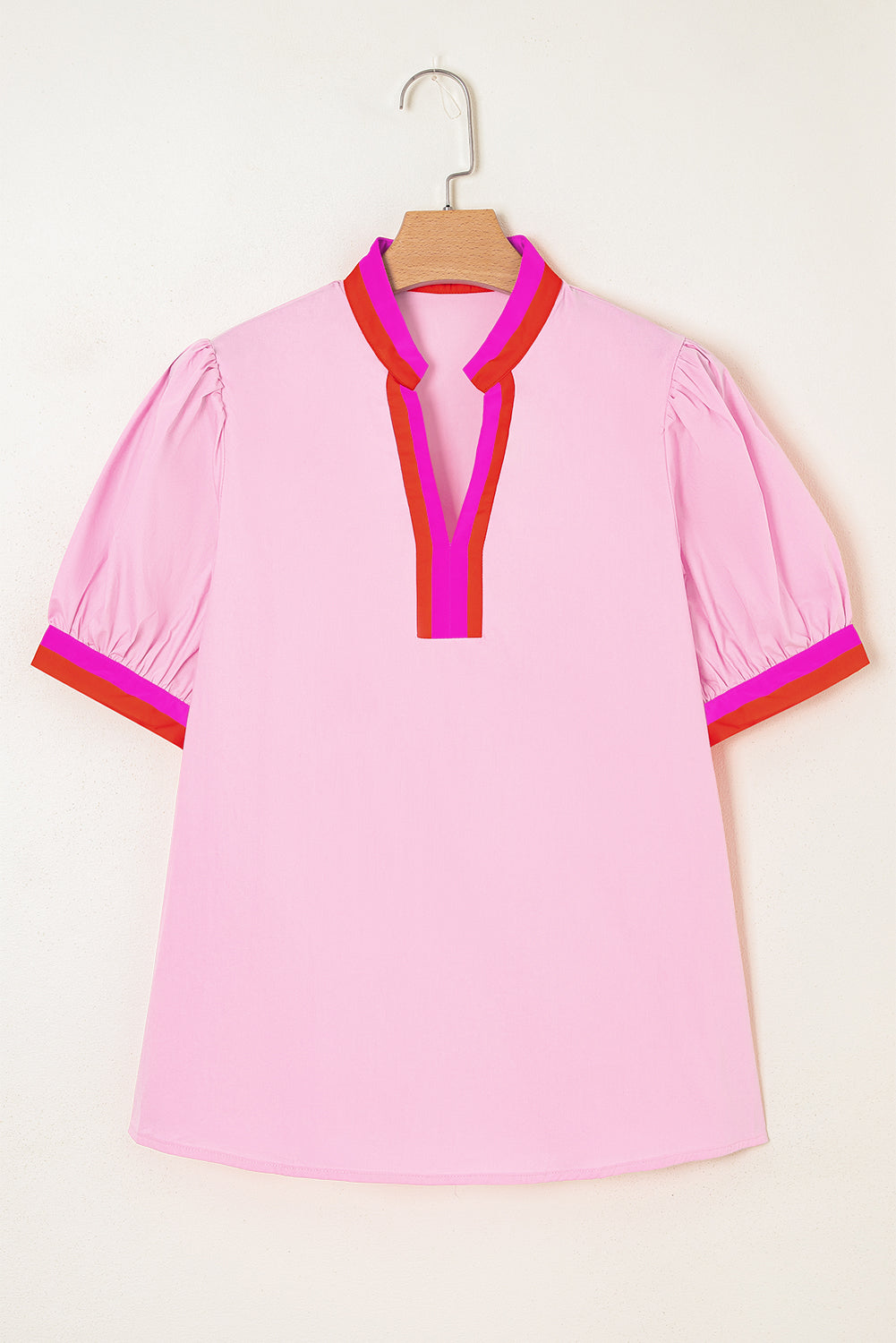 Contrast Striped V Neck Collision Short Puff Sleeve Blouse eAura