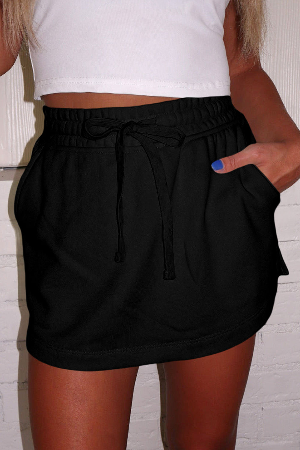 Black French Terry Drawstring Mini Skort with Pockets eAura