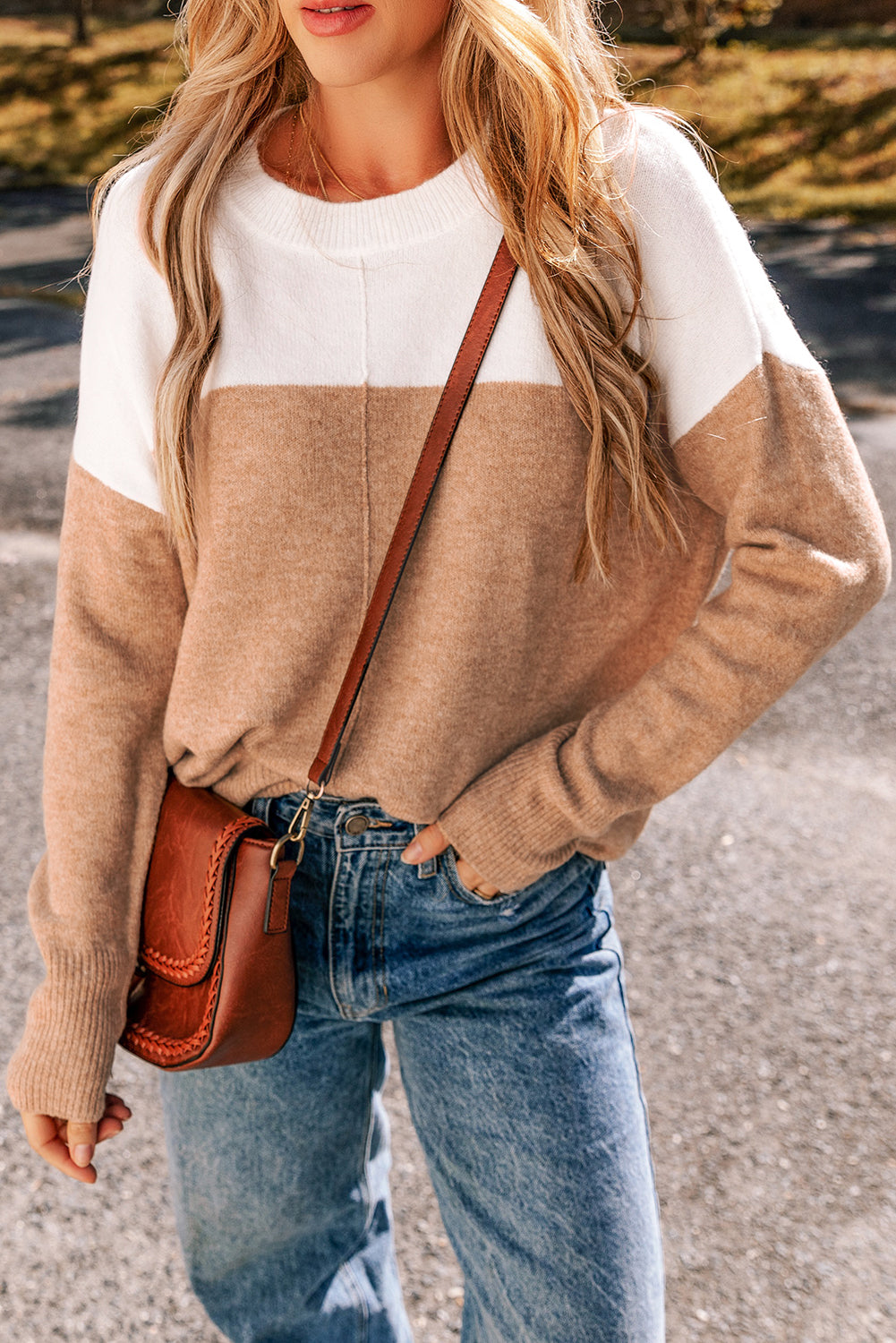 Straw Yellow Colourblock Ribbed Trim Round Neck Sweater eAura