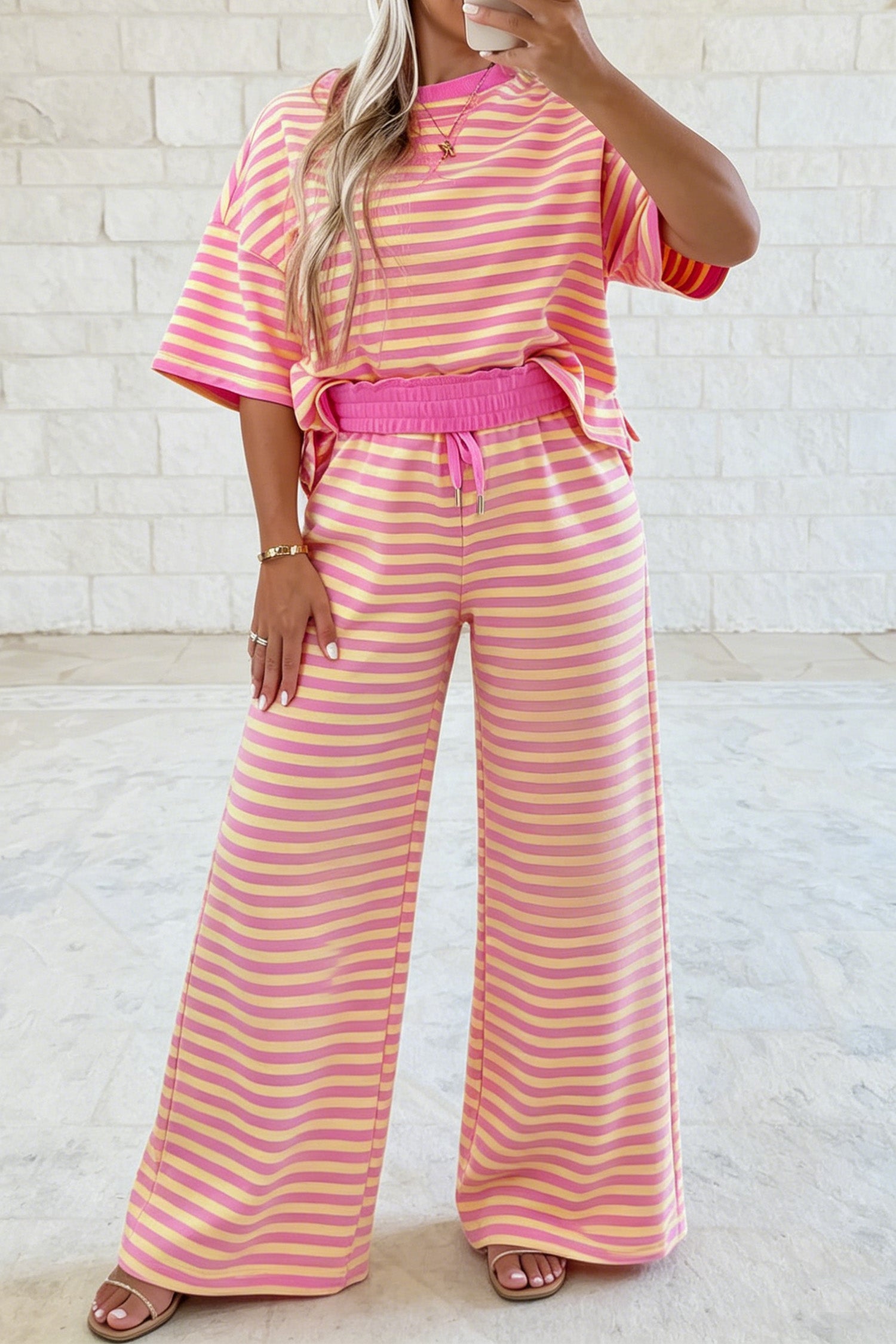 Colorblock Trim Crew Neck Loose Tee Drawstring Elastic Waist 2pcs Pant Set – Pink Stripe