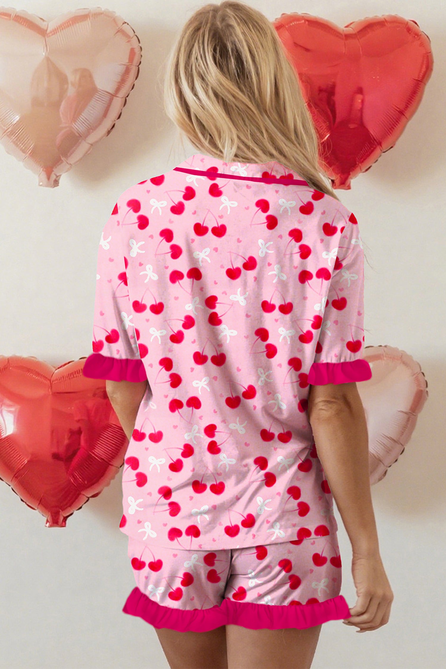 Cherry Bow Mixed Print Scalloped Edge Short Pajama Set – Rose