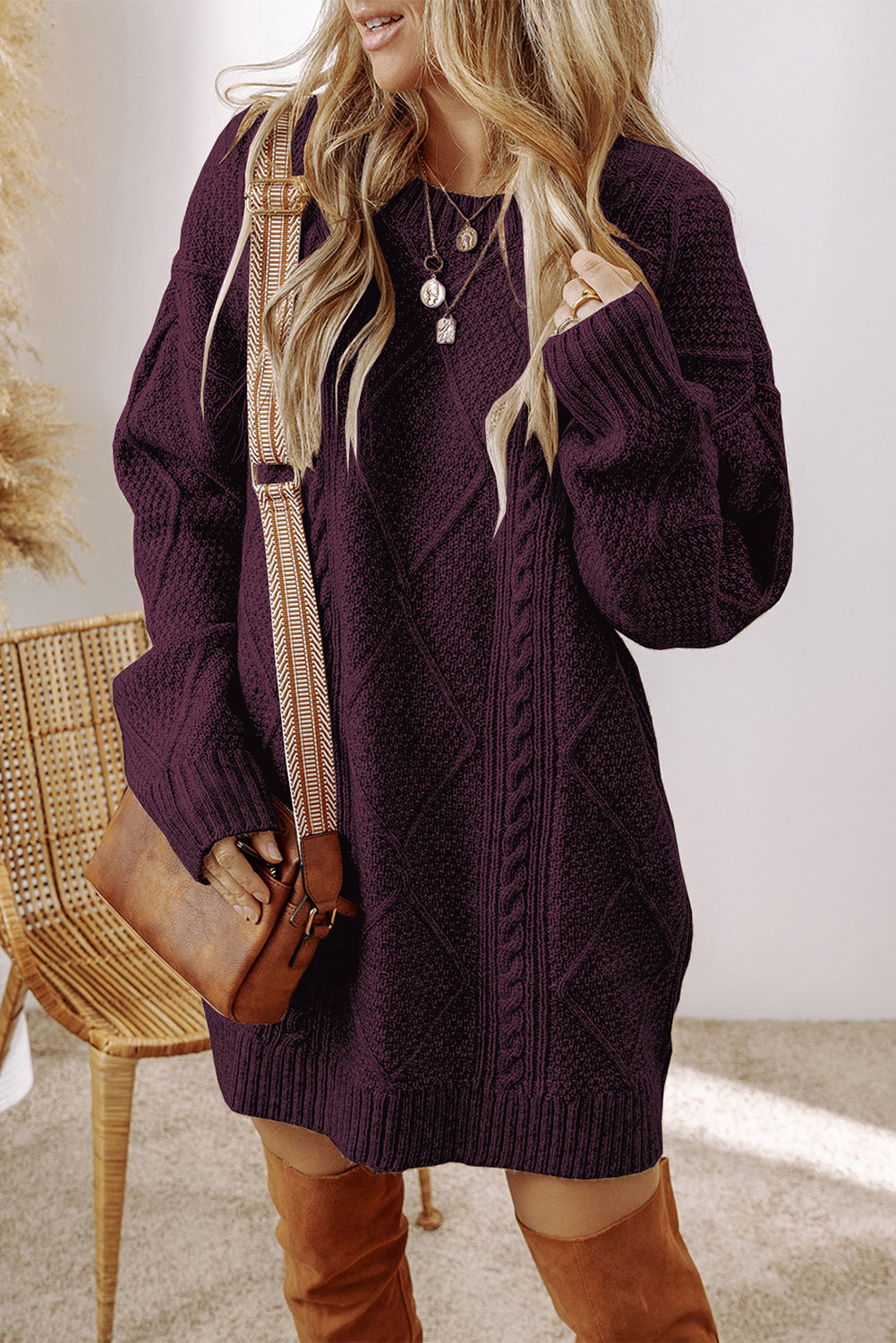 Cable Knit Drop Shoulder Sweater Dress – Brown, Black, Green, Beige & Burgundy