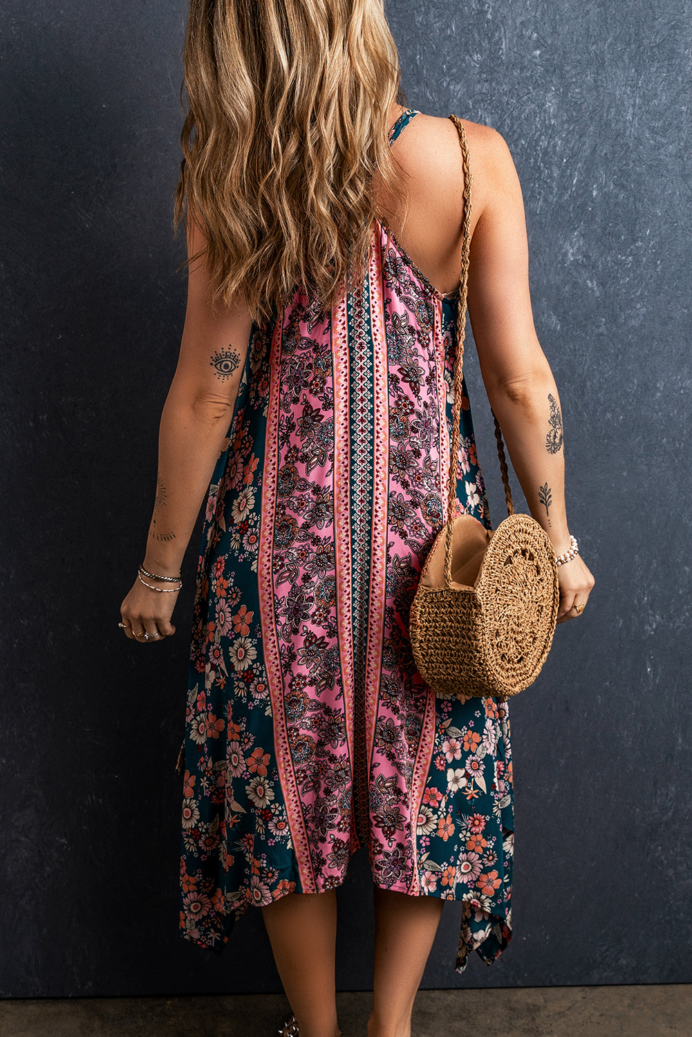 Pink Bohemian Floral Patchwork Print Long Sundress eAura