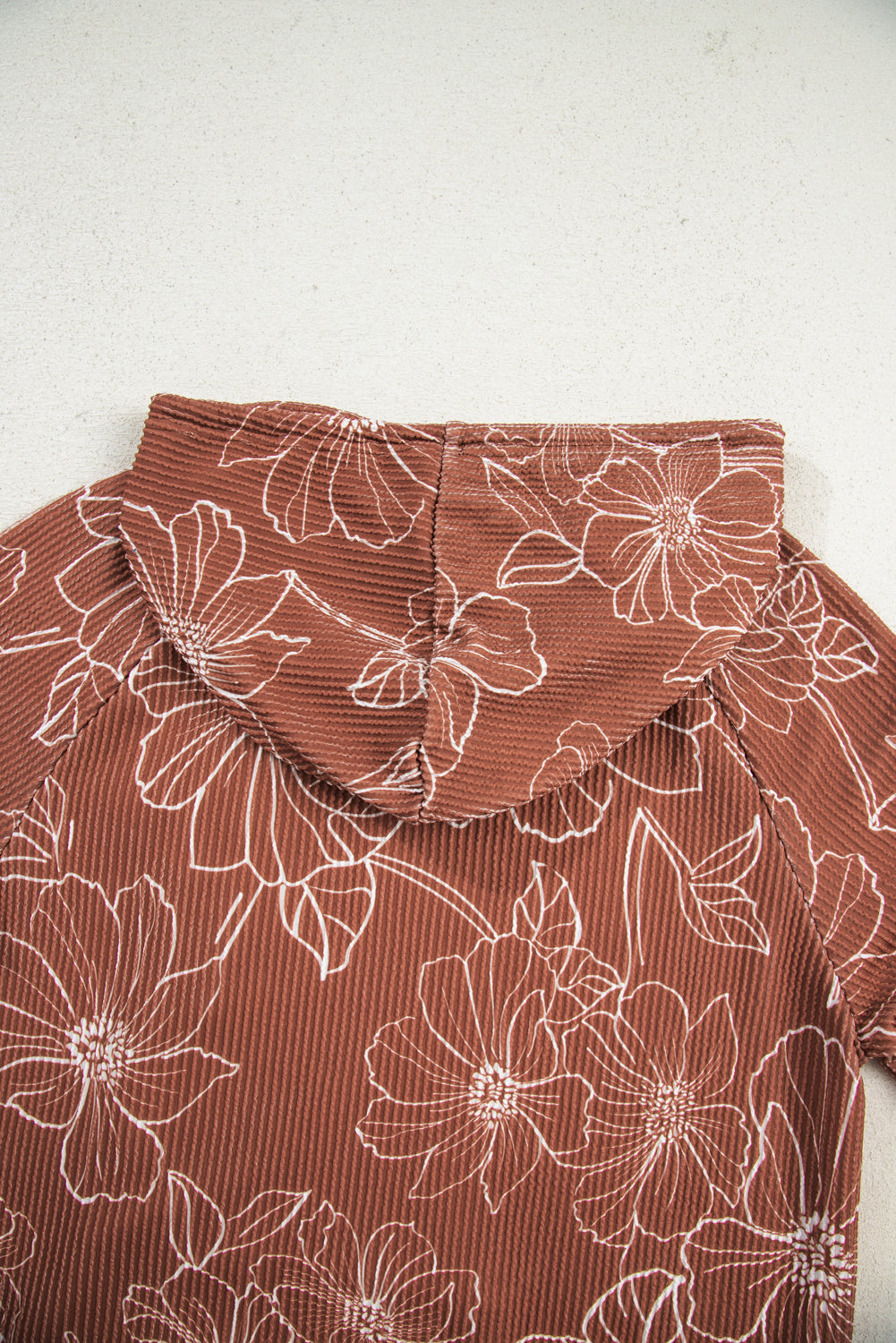 Brown Floral Rib Drawstring Kangaroo Pocket Hoodie - eAura