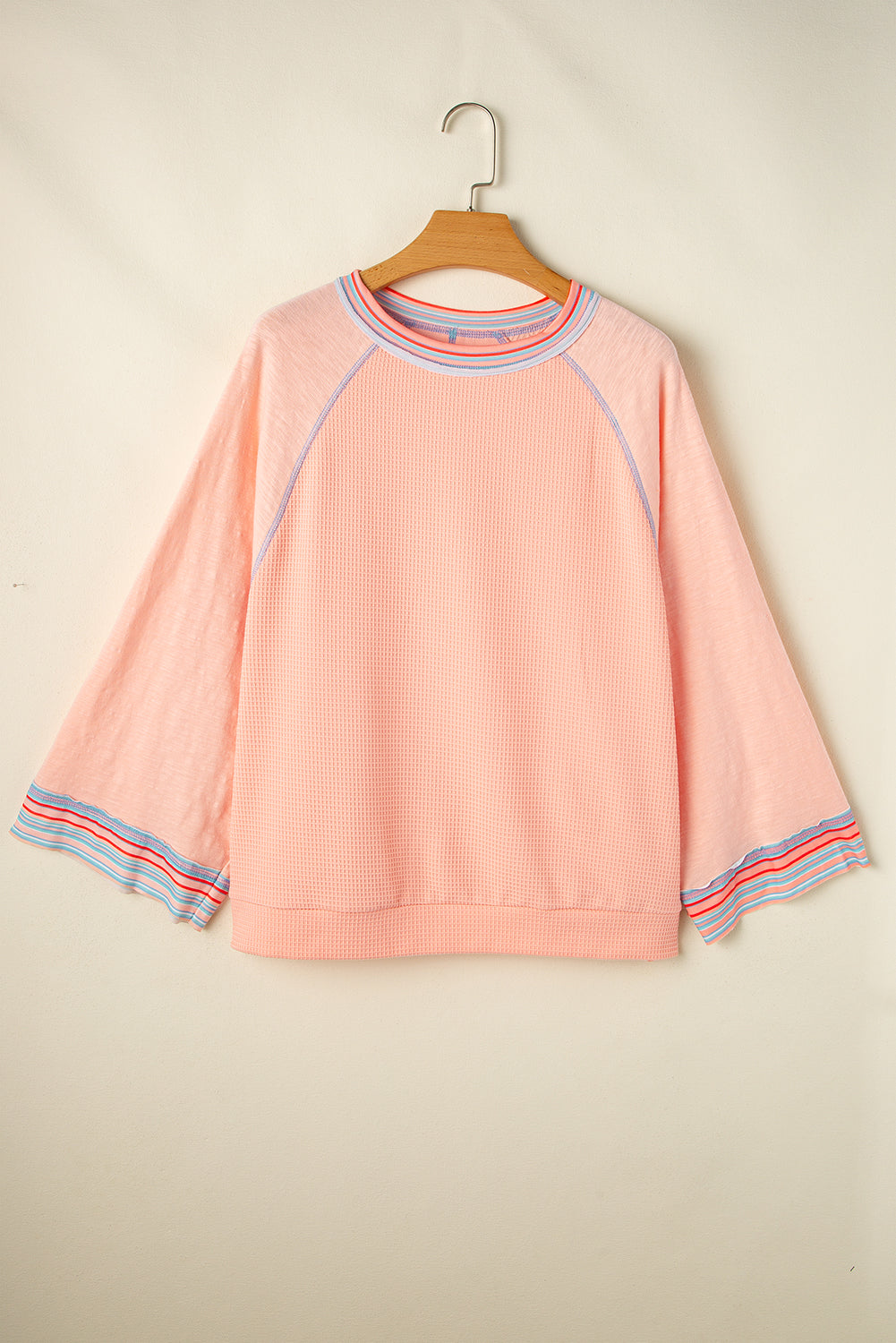 Grapefruit Orange Waffle Knit Wide Bracelet Sleeve Patchwork Raglan Top BB Fashion Outlet