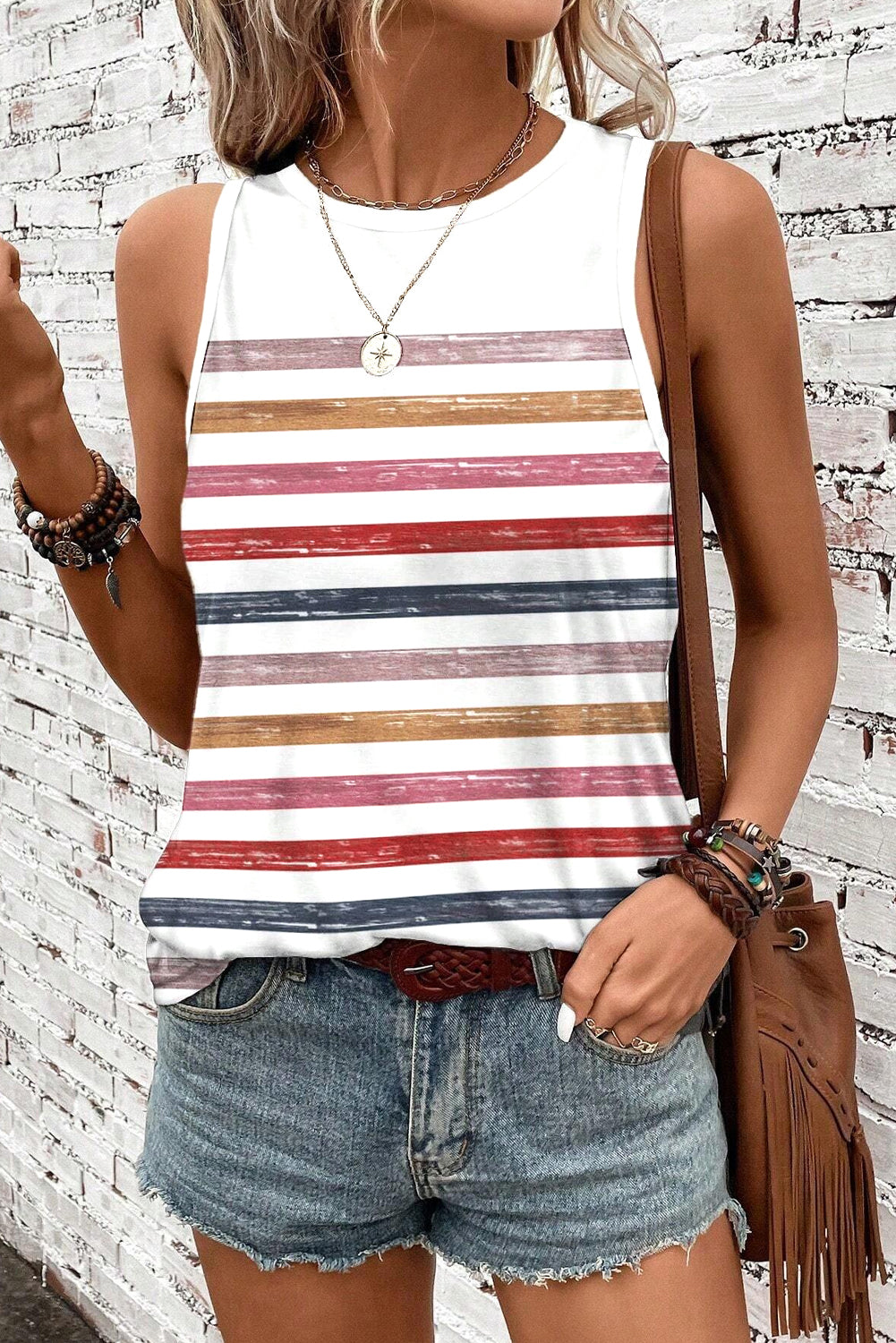 Red Stripe Rainbow Round Neck Tank Top - eAura