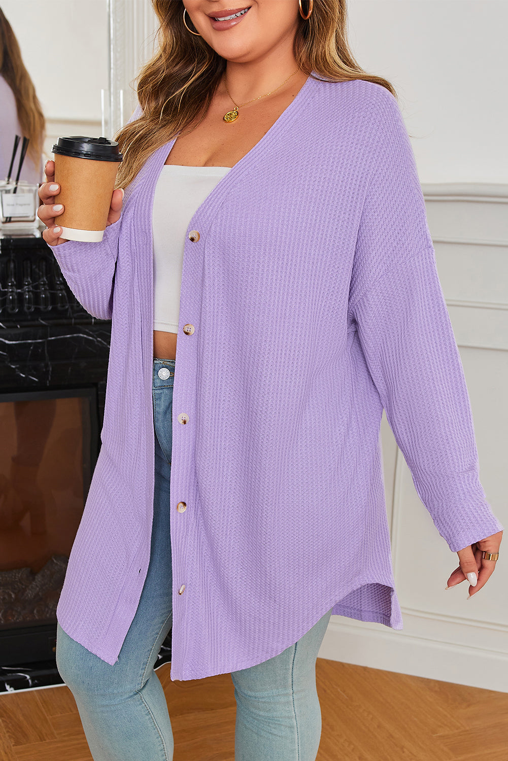 Plus Size Waffle Knit Button Front Cardigan eAura