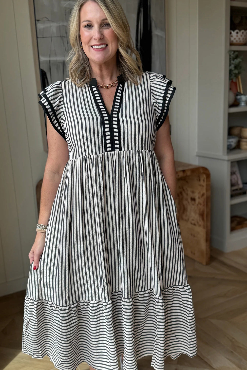Striped Double Ruffled Short Sleeve Contrast Trim V-Neck Midi Dress
