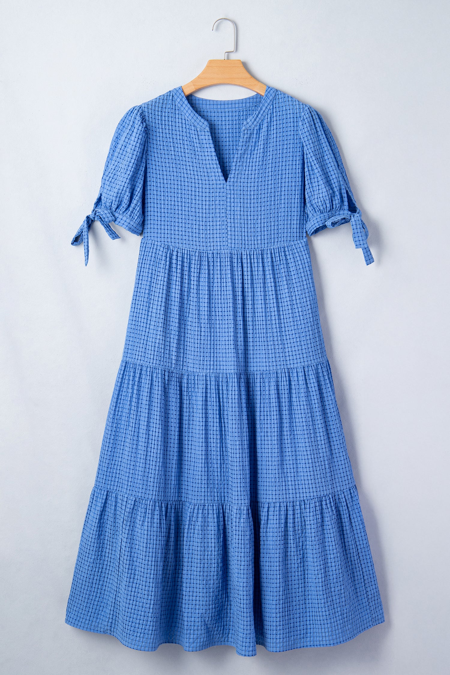 Gingham Textured Bow Tie Sleeve Tiered Midi Dress with Pockets