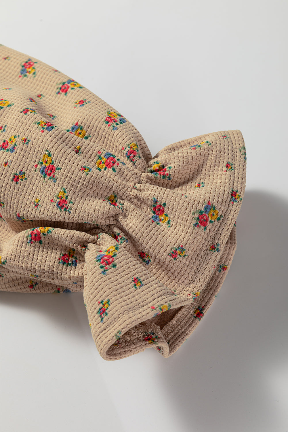 Boho Floral Plaid Patchwork Distressed Detail Ruffled Sleeve Waffle Shacket - eAura