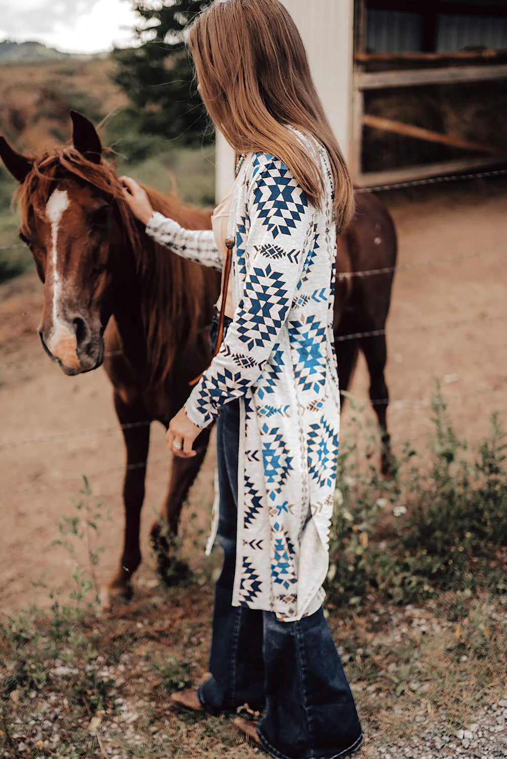 Sky Blue Western Aztec Printed Open Front Long Cardigan eAura