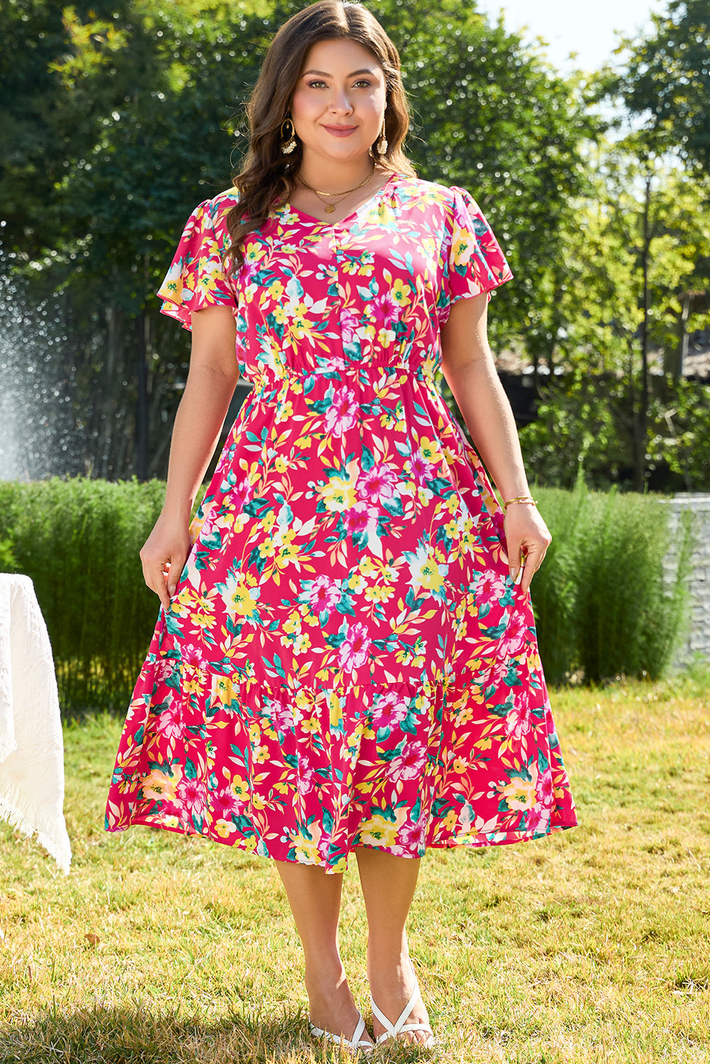 Pink Floral Print V Neck Pocketed High Waist Plus Size Midi Dress BB Fashion Outlet