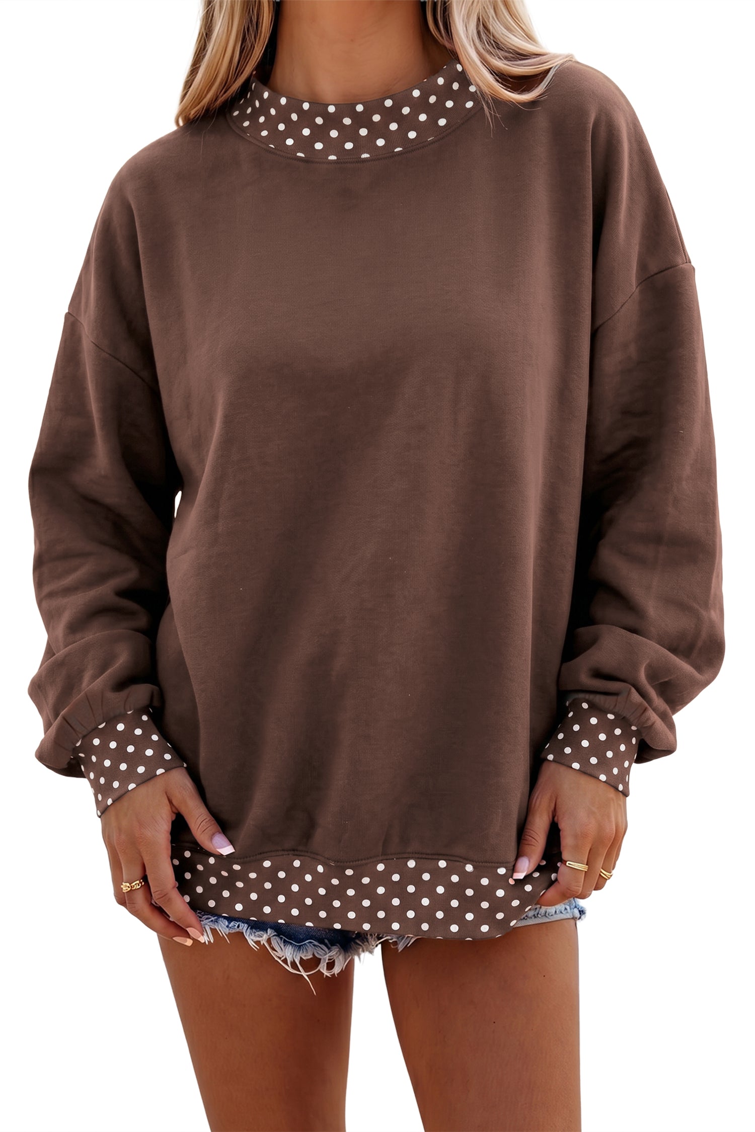 Colorblock Polka Dot Contrast Trim Oversized Sweatshirt – Red