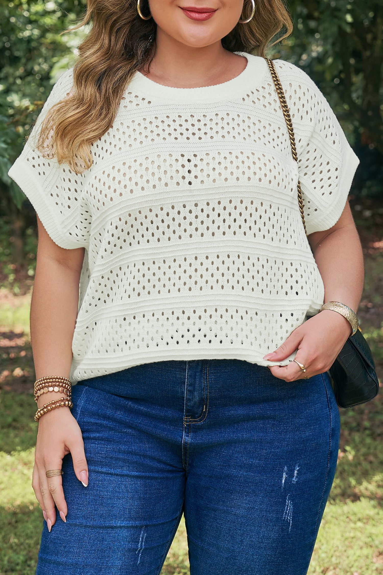 Plus Size Eyelet Hollow-Out Knit Dolman Short Sleeve Sweater