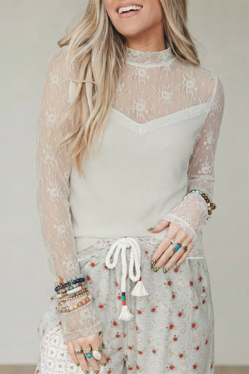 Jet Stream Lace Mesh Long Sleeve Top – Cream