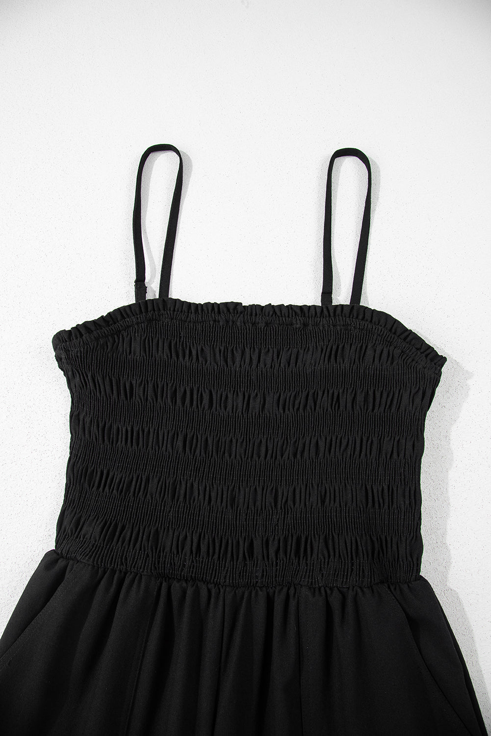 Black Spaghetti Straps Shirred Bodice Pocketed Wide Leg Jumpsuit eAura