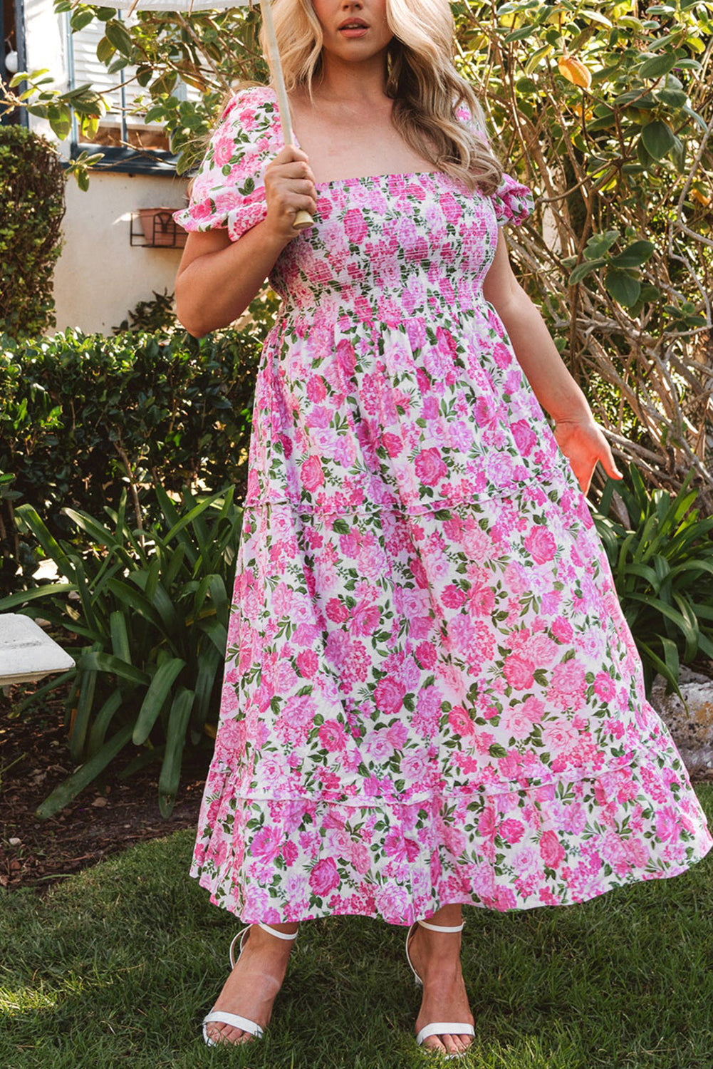 Pink Dainty Floral Smocked Puff Sleeve Flowy Long Dress eAura