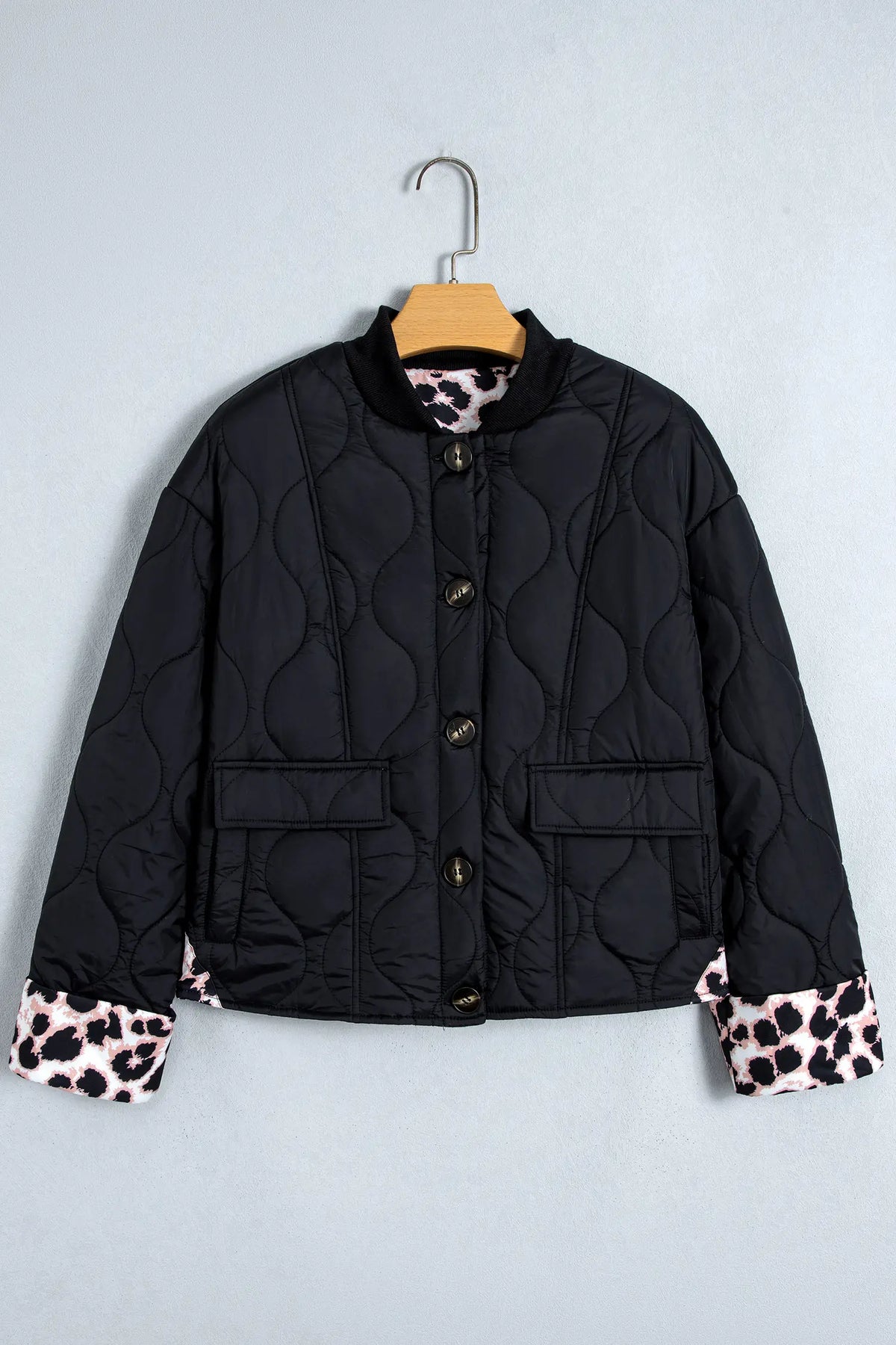 Black Retro Quilted Leopard Cuff Button Down Puffer Jacket