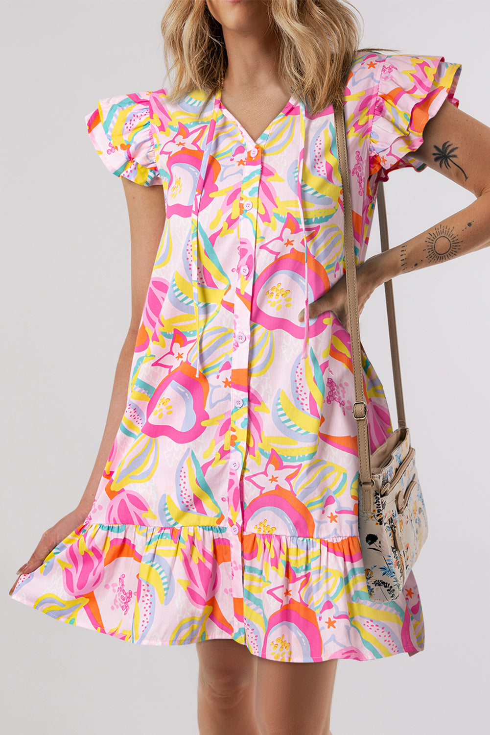 Pink Abstract Floral Ruffle Trim Flutter Sleeve Buttoned Dress eAura