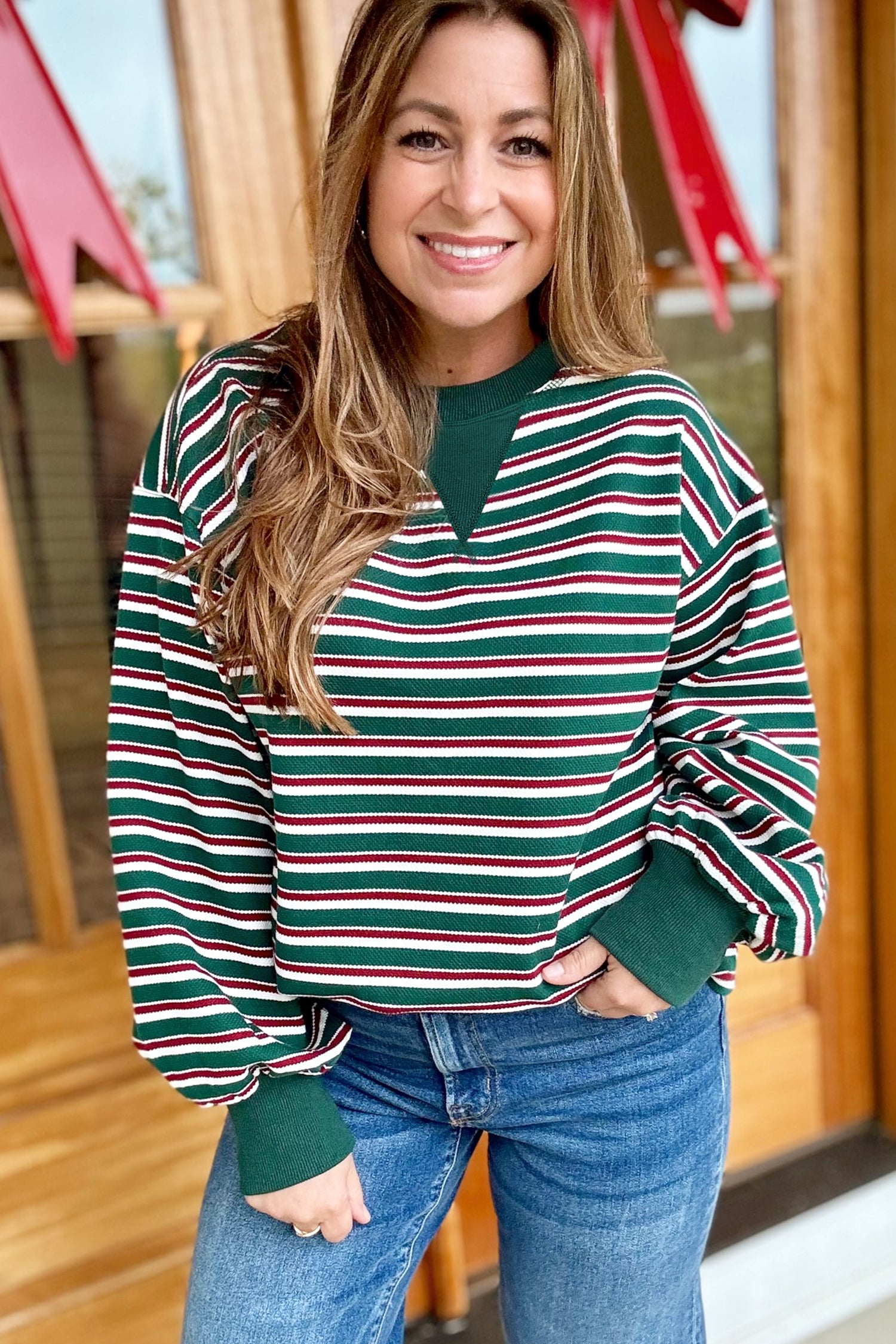 Striped Colorblock Round Neck Long Sleeve Shift Plus Size Sweatshirt – Green Stripe