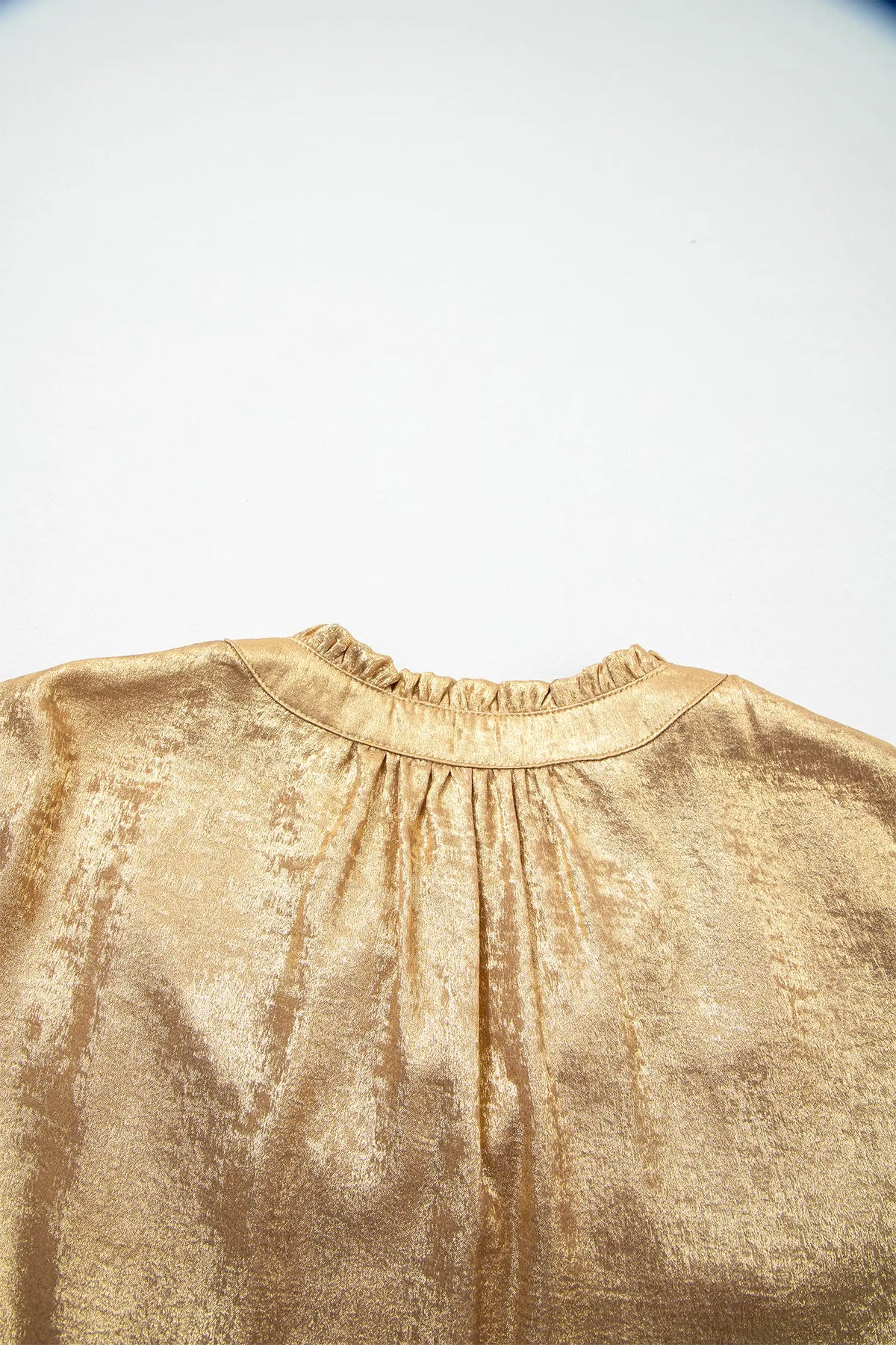 Metallic Sheen V Neck Gathered Cuff Long Sleeve Blouse – Gold