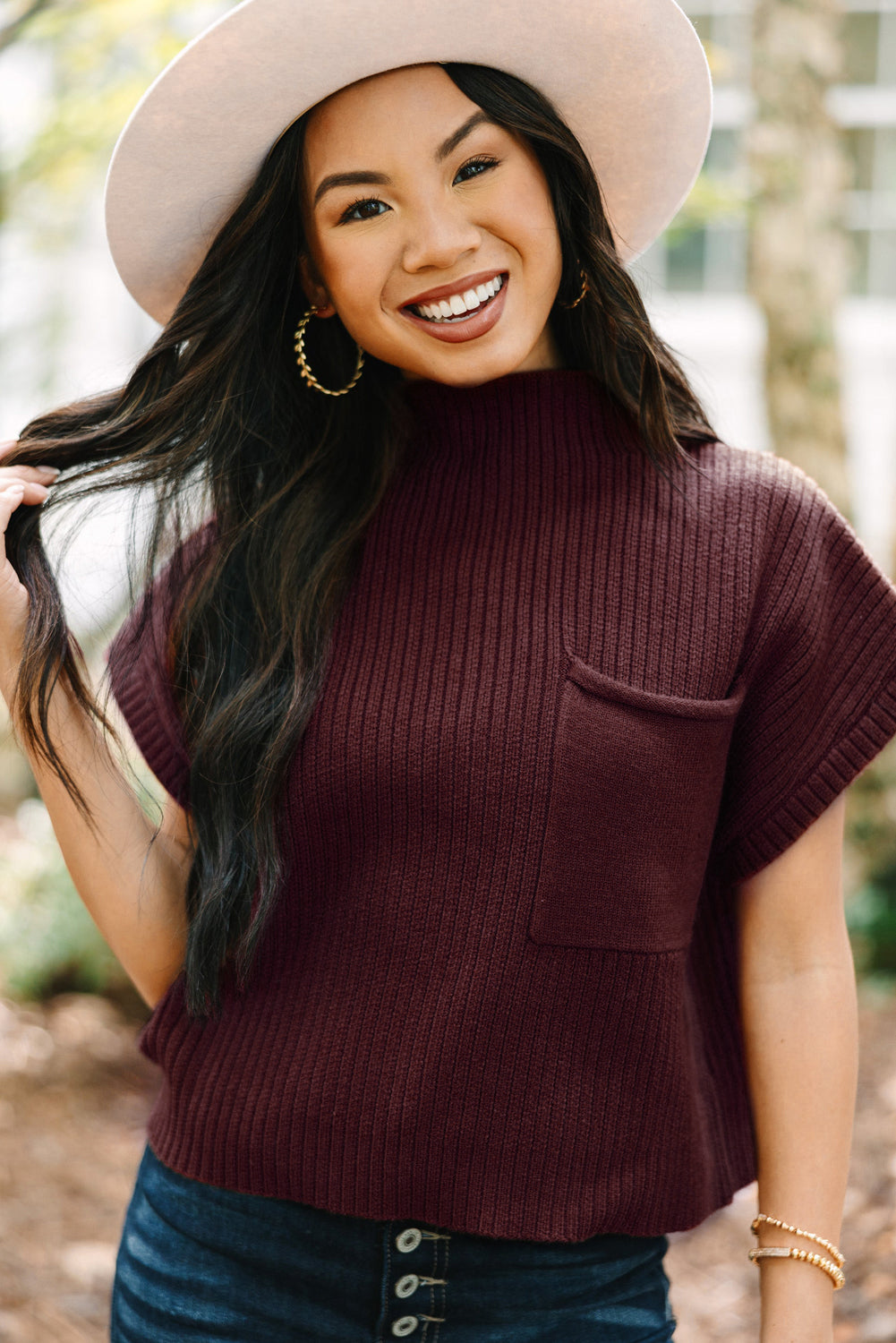Patch Pocket Ribbed Knit Short Sleeve Sweater eAura