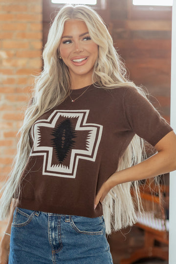 Western Print Short Sleeve Knit Casual Sweater – Brown