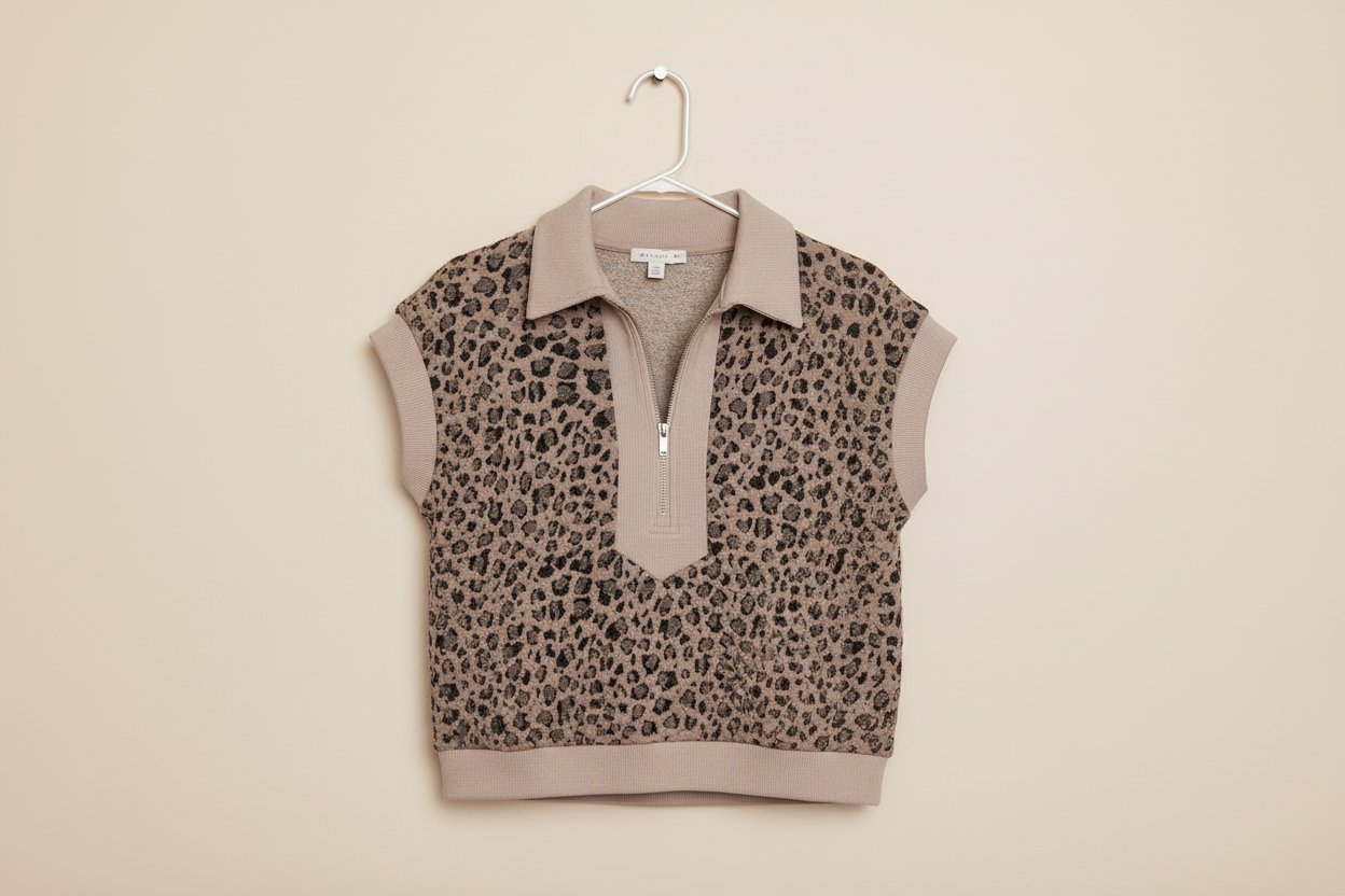 Zip-up Collared Leopard Cap Sleeve Textured Top - Sweaters & Cardigans/Short