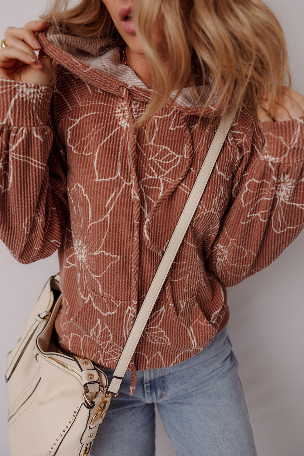 Brown Floral Rib Drawstring Kangaroo Pocket Hoodie - eAura
