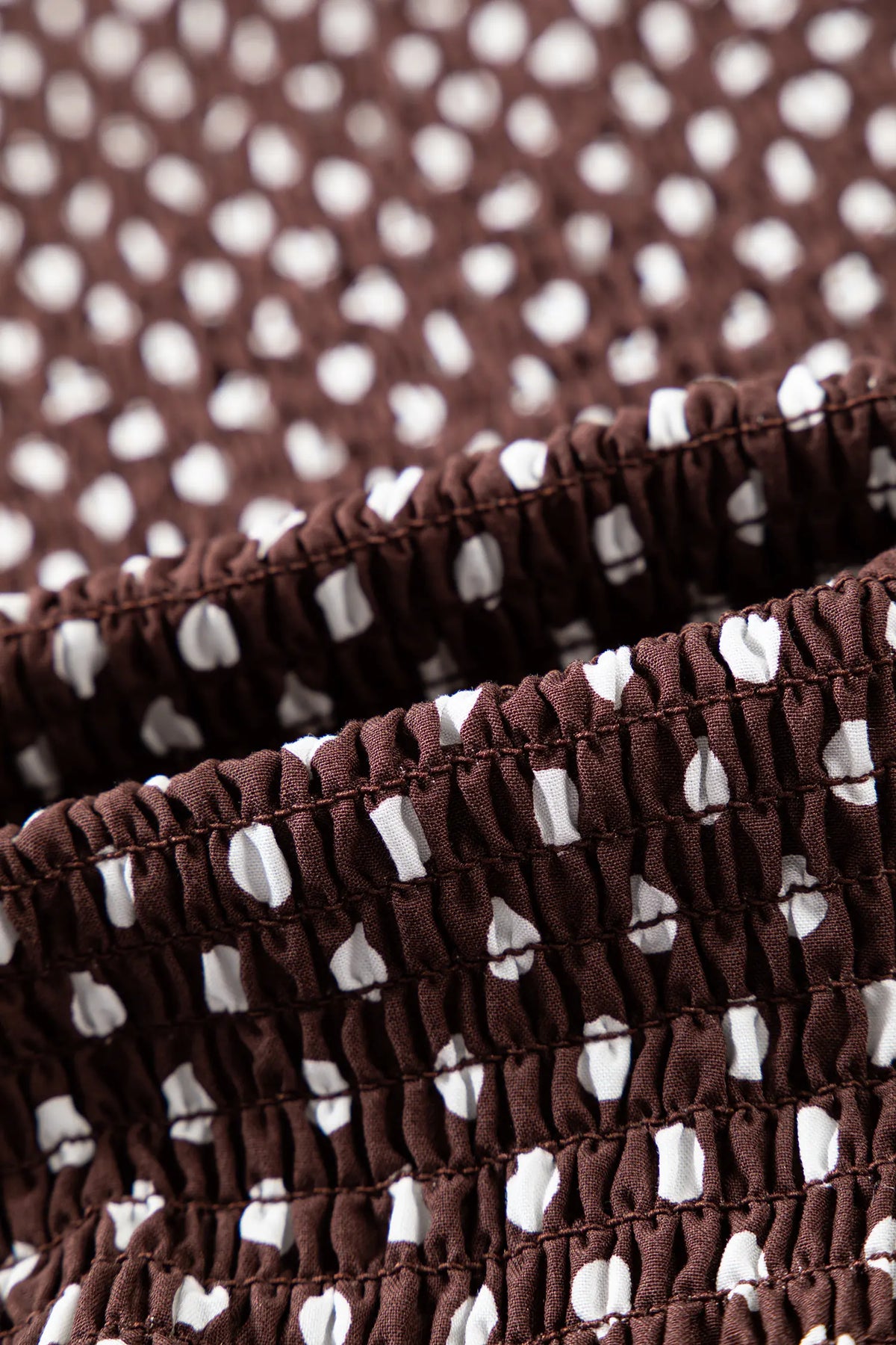 Polka Dot Ruffled High Neck Shirred Ruffle Hem Blouse – Brown
