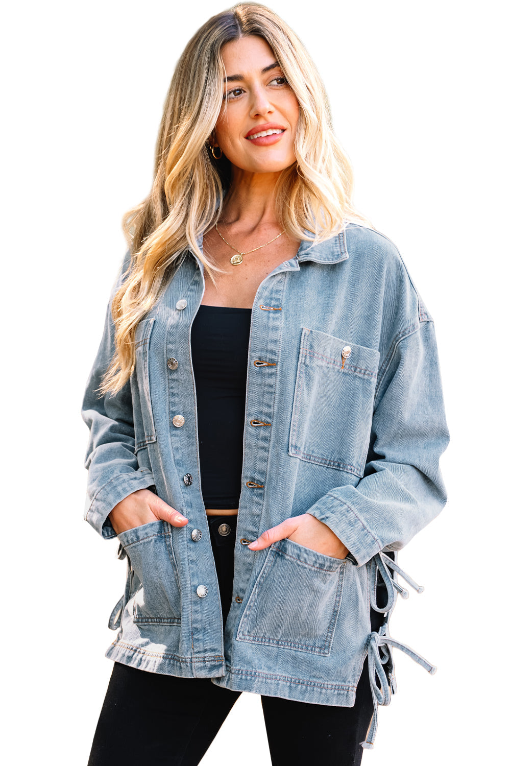 Beau Blue Multi Patched Pockets Side Tie up Boyfriend Style Denim Jacket - eAura
