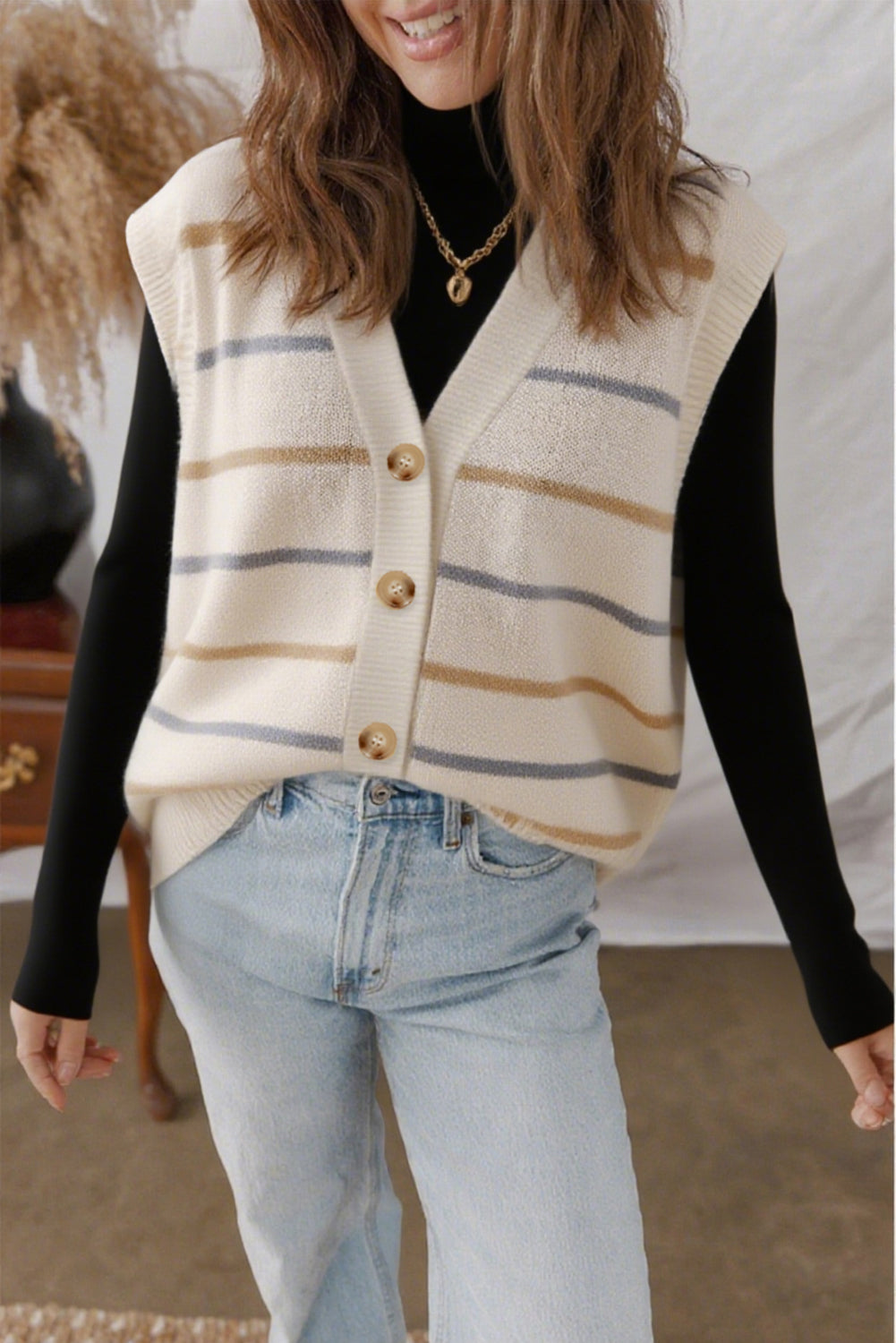 Multicolour Striped Print Button V-Neck Knit Vest