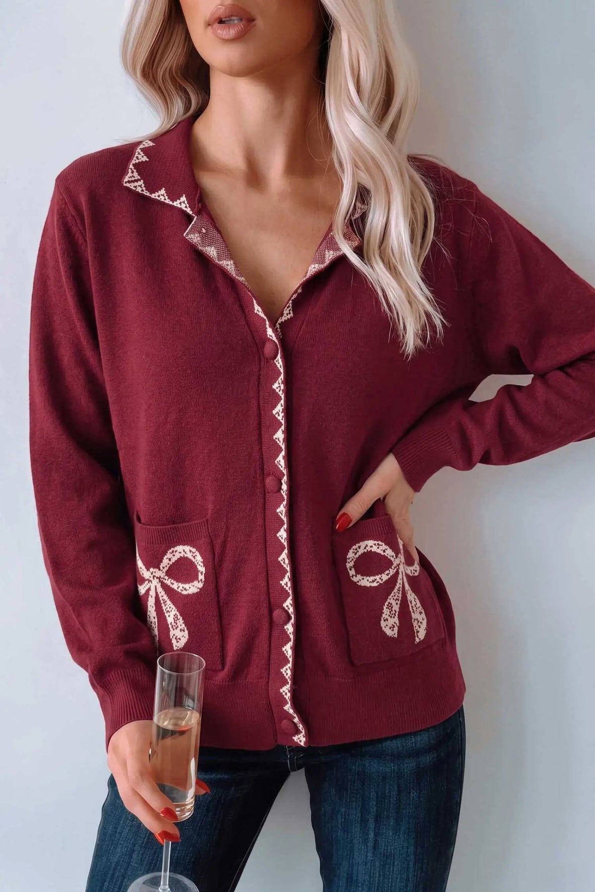 Bow Pocket Collar Long Sleeve Knit Cardigan – Burgundy