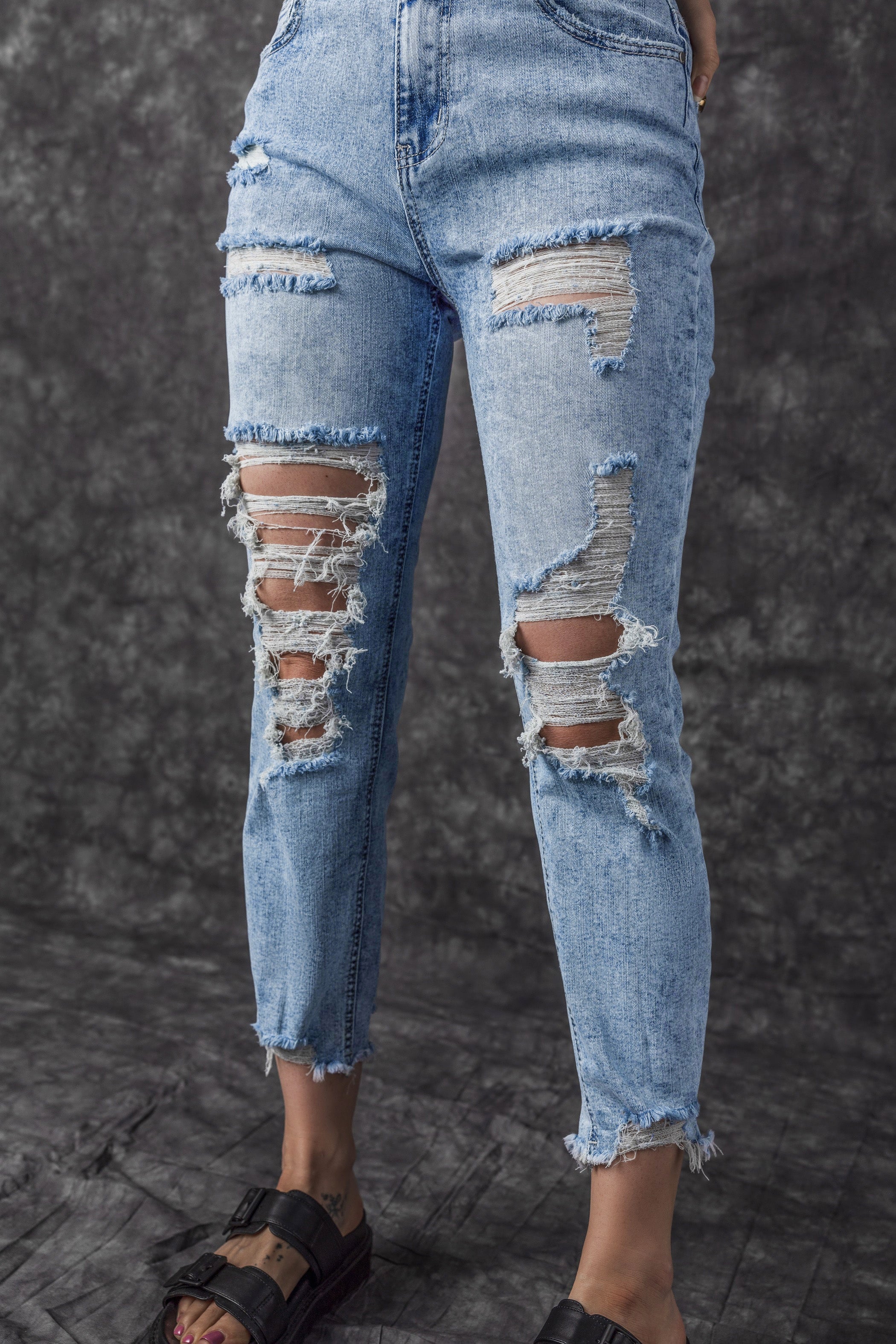 Sky Blue Acid Wash Distressed Slim Fit Jeans Beagle Boutique Fashion Outlet
