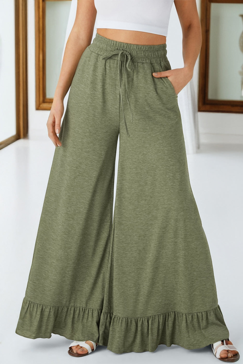 Ruffled Wide Leg Pull On High Waist Trousers with Pockets - Green / S - Bottoms/Wide