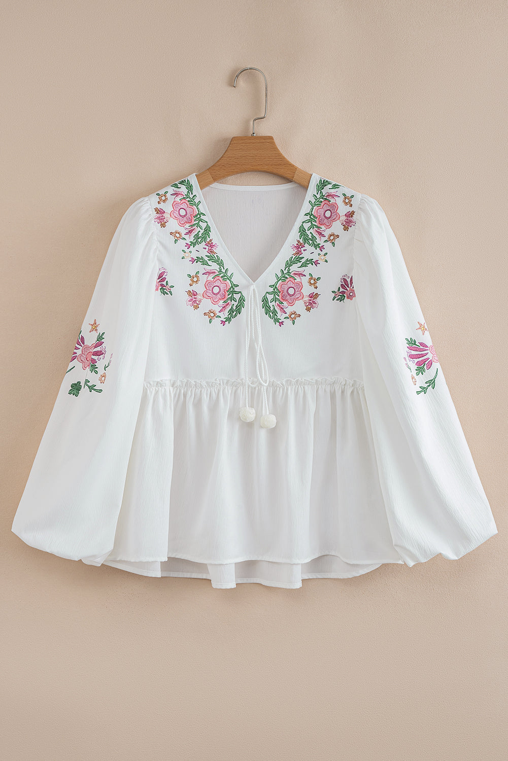 White Flower Lace-up V-Neck Babydoll Blouse eAura