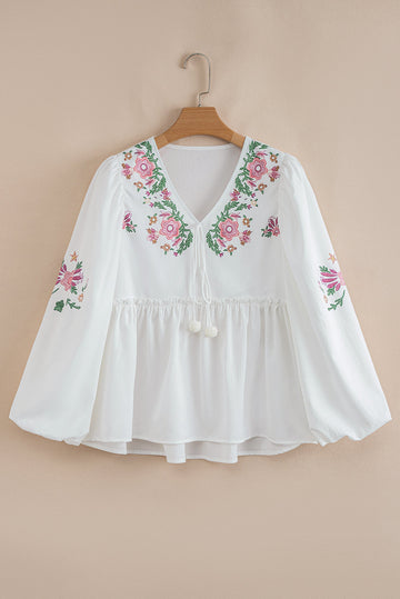 White Flower Lace-up V-Neck Babydoll Blouse eAura