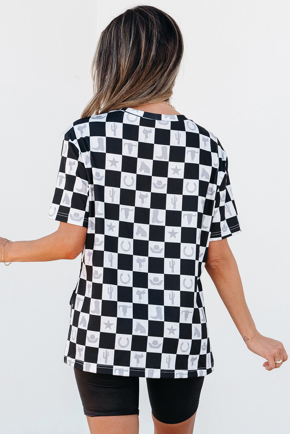 Black Western Fashion Checkerboard Print Side Split T Shirt eAura