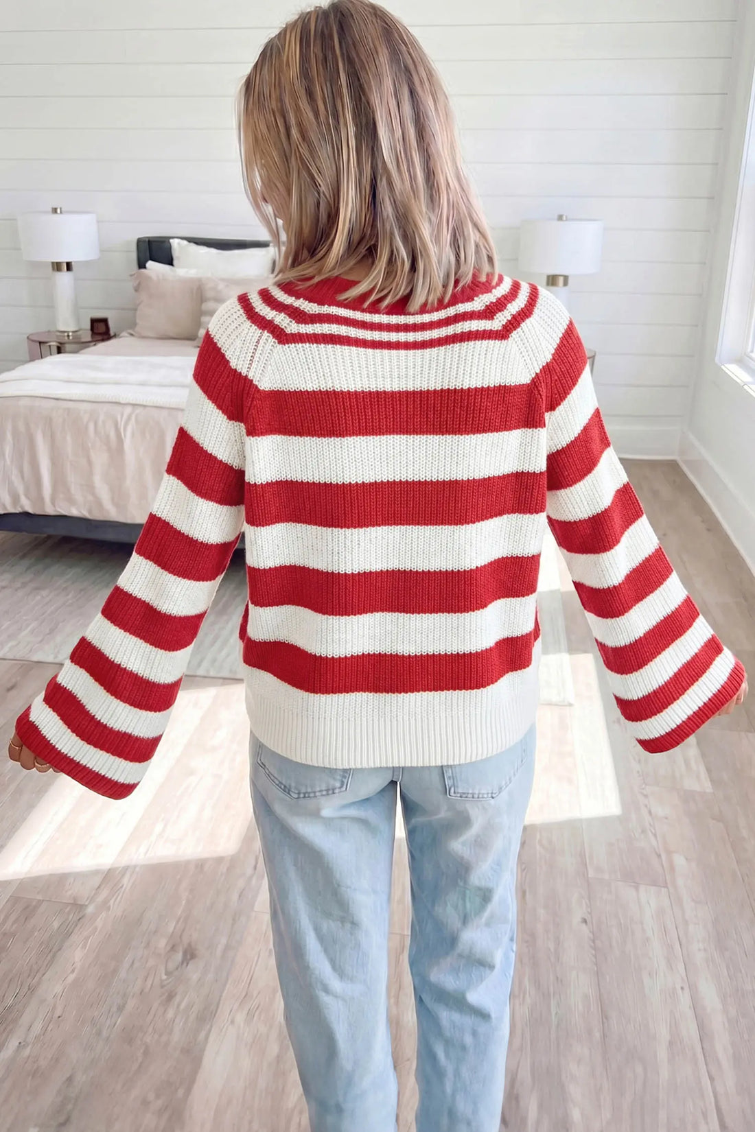 Striped Colourblock V Neck Long Sleeve Shift Sweater