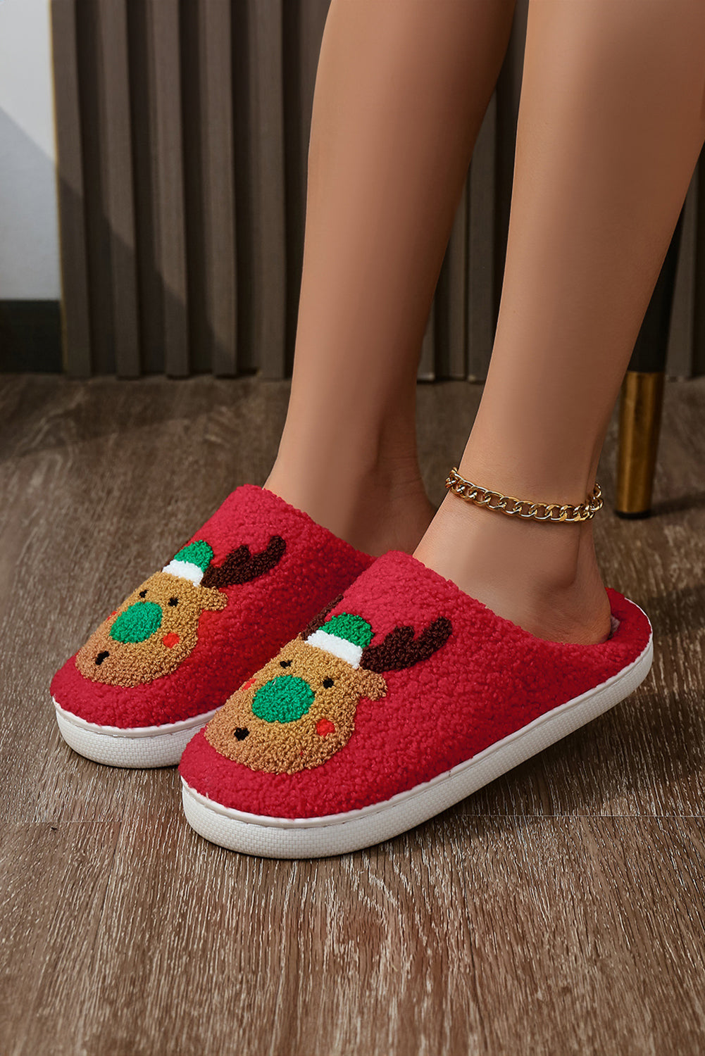 Christmas Reindeer Pattern Thick Sole Plush Slippers - eAura