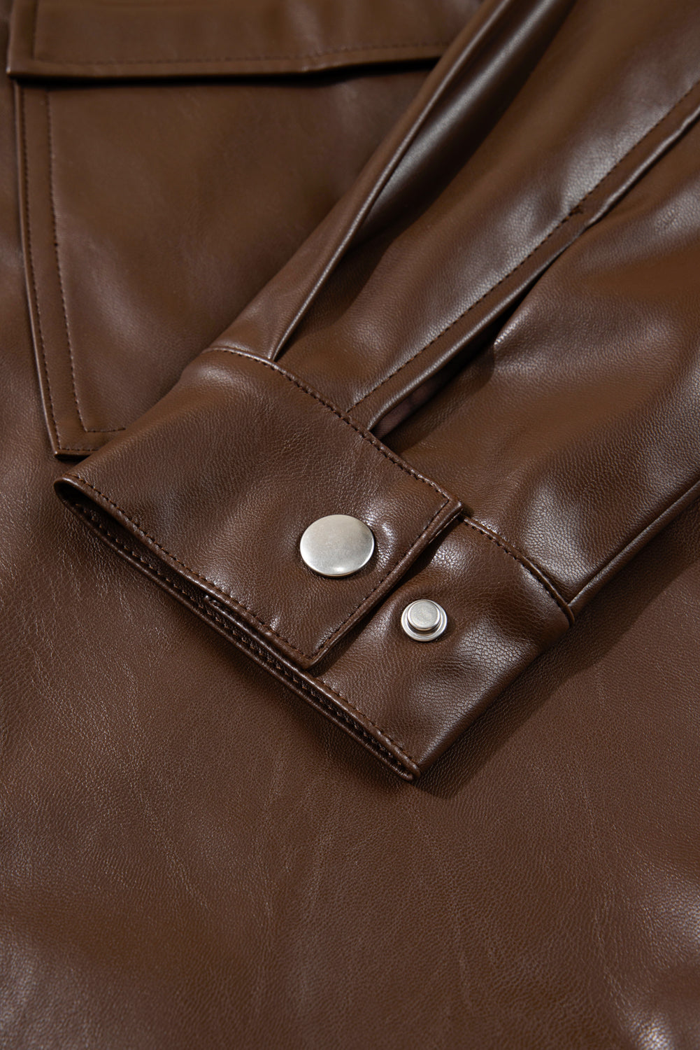 Brown Double Flap Pocket Drawstring Hem Leather Jacket eAura